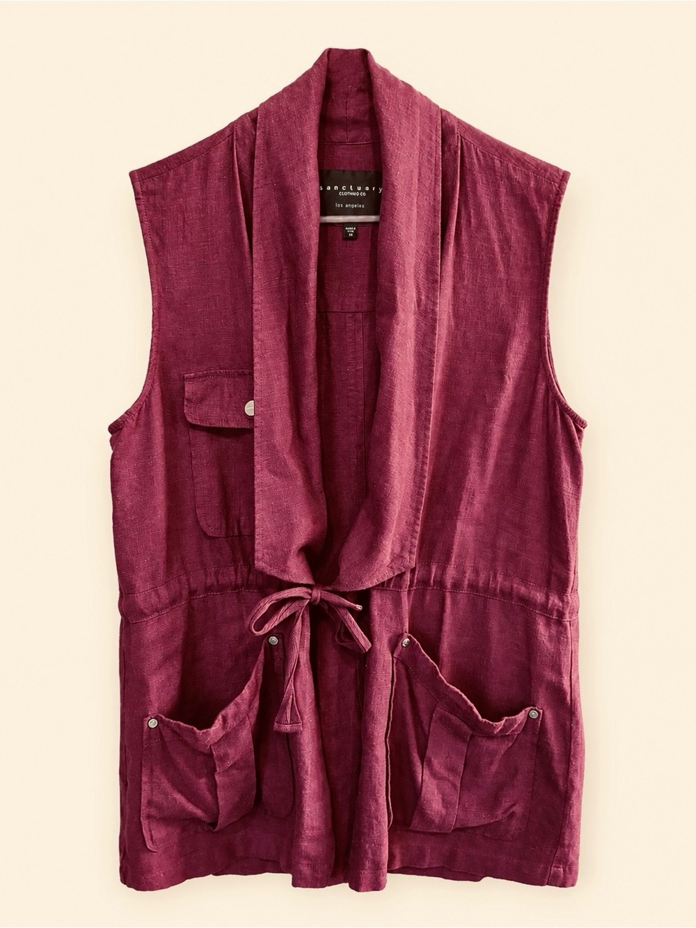 Sanctuary Linen Cotton Utility Vest Burgundy Longline Size M